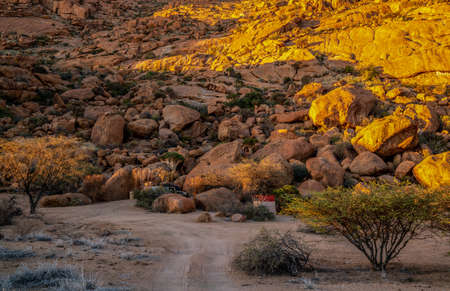 Classic Campground along the mountains of Spitzkoppe in Namibiaの写真素材