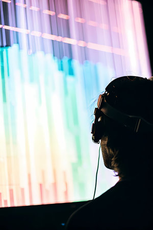 This AI-generated image shows a person from behind, with their silhouette largely in shadow, wearing headphones or a head-mounted device and looking intently at a large, vibrant display. The display features a dynamic pattern of vertical light bars in various shades of pink, purple, blue, and green, creating an abstract and immersive visual experience. The illumination from the screen strongly lights the scene, particularly the display itself. This conceptual image, created with artificial intelligence, explores themes of immersive digital environments, abstract data visualization, future technology, and the interaction with complex visual informationの素材
