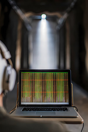 This AI-generated image features a focused young man wearing an Electroencephalography (EEG) headset, which is detailed with numerous electrodes and glowing red points. He is intently looking down at a laptop computer, actively engaged in a task. The background consists of vertical strands of blue and green lights, creating a futuristic, digital, and technological atmosphere. This conceptual image, created with artificial intelligence, represents concepts of neuroscience, brain-computer interfaces, mental health technology, research, innovation, and digital interaction in a high-tech environmentの素材