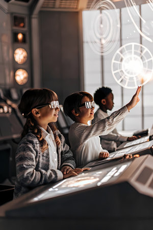 This AI-generated image shows a group of children in a modern, dimly lit classroom or learning center, actively engaged with futuristic technology. Each child wears sleek augmented reality (AR) glasses and is looking at an interactive console or surface. The central boy has his hand raised, appearing to manipulate a floating holographic projection of concentric circles and data points that glow with light. The girl to his left is focused on her own console, which also shows glowing patterns. In the background, another child is visible, similarly engrossed. The setting features warm, subdued lighting with hints of digital glows from the interactive elements, emphasizing an immersive and advanced educational experienceの素材