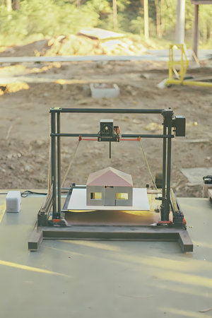 This AI generated image features a large, dark-framed 3D printer actively constructing a small, light-colored house model with a brown roof on an outdoor site. The scene is illuminated by bright sunlight, highlighting the intricate details of the house and the advanced technology of the printer. In the background, elements of a construction site or open field with trees are visible, emphasizing the innovative and scalable nature of 3D printed architectureの素材