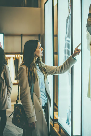 This AI-generated image features a young woman with long hair, wearing a light-colored coat and carrying a patterned handbag, reaching out to touch a tall, vertical digital display in a modern retail store. The display shows fashion items, likely clothing, on stylized mannequins or models. The background is a softly lit retail space with blurred clothing racks and another customer, indicating a contemporary shopping environmentの素材