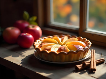 AI generated there is a pie with apples and cinnamon sticks on a table. The image features dessert table, pie chart, birthday cake.の素材
