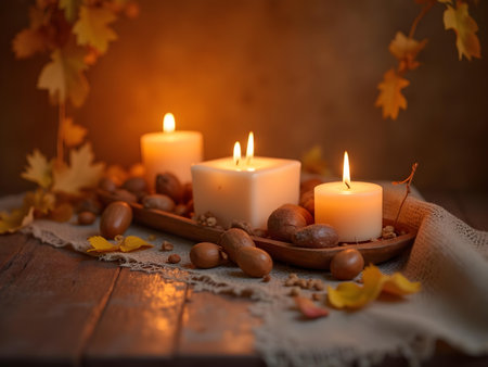 AI generated candles are lit on a table with nuts and leaves. The image features dessert table, Additional elements include light bulb.の素材