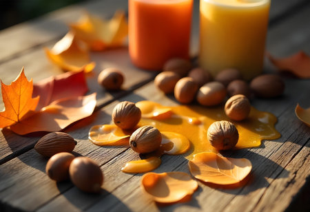 AI generated there are nuts and orange juices on a wooden table. The image features wood background, office desk. Additional elements include dessert table, restaurant food.の素材