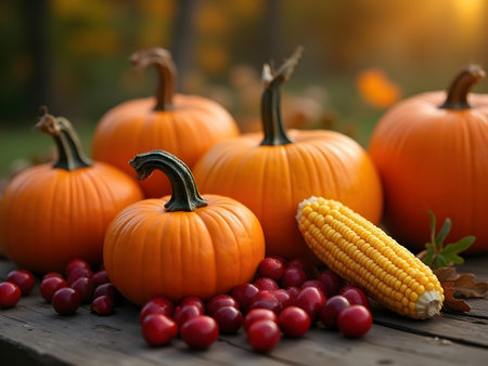 AI generated pumpkins and corn on a table with leaves and berries. The image features pumpkin, dessert table, harvest. Additional elements include leaves, organic vegetables.の素材
