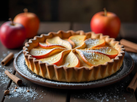 AI generated there is a pie with apples and cinnamon sticks on a table. The image features dessert table, pie chart, birthday cake.の素材
