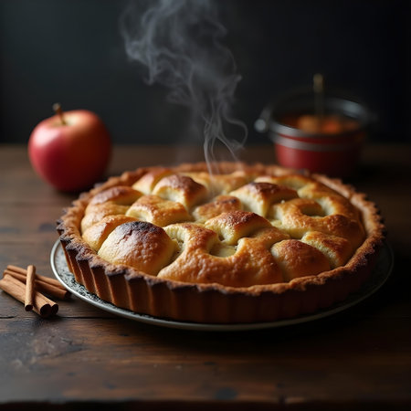 AI generated there is a pie with a lot of smoke coming out of it, The image features pie chart, birthday cake, tea time.の素材