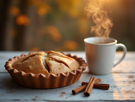 AI generated there is a cup of coffee and a pie on a table, The image features coffee cup, dessert table, morning coffee. Additional elements include tea time, office desk.の素材
