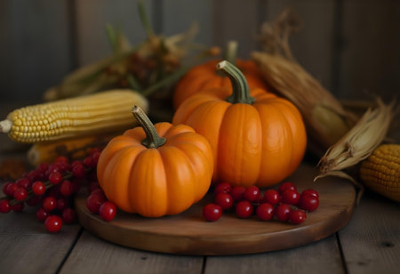 AI generated there are two small pumpkins and corn on a wooden board. The image features pumpkin, organic vegetables. Additional elements include wood background.の素材