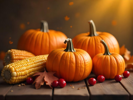 AI generated pumpkins and corn on a wooden table with leaves and sunbeams. The image features pumpkin, sunlight, leaves, Additional elements include wood background, harvest.の素材