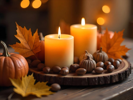 AI generated candles are lit on a wooden tray with autumn leaves and acorns. The image features dessert table, evening lights.の素材