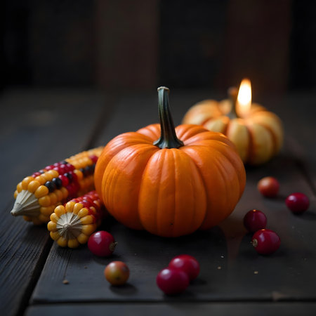 AI generated there are many small pumpkins and corn on a table. The image features pumpkin, dessert table, harvest. Additional elements include organic vegetables, food.の素材