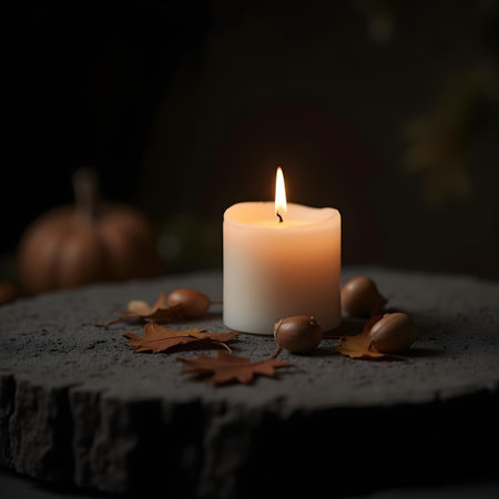 AI generated there is a candle that is lit on a rock with acorns. The image features light bulb, spa stones. Additional elements include dreamy atmosphere.の素材