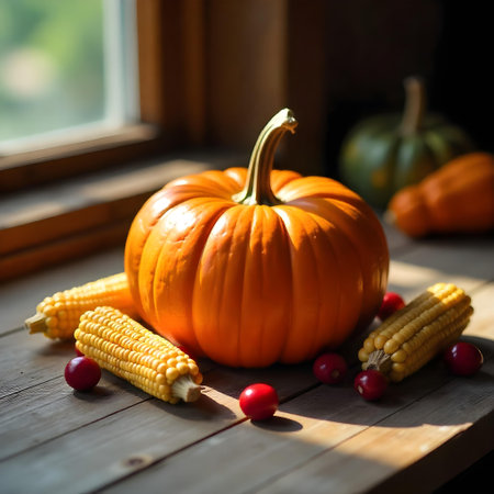 AI generated there is a pumpkin and corn on a table by a window. The image features pumpkin, harvest, food. Additional elements include office desk.の素材