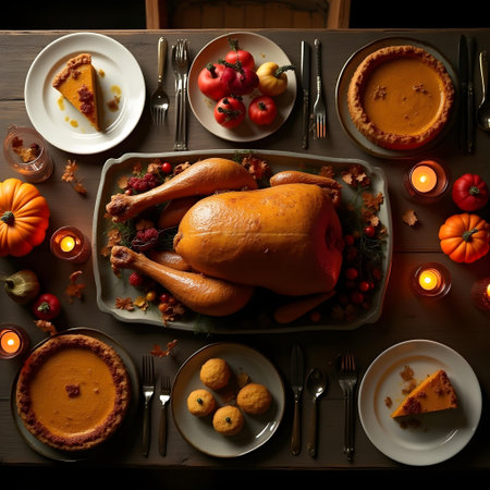 AI generated aerial cooked turkey on a platter surrounded by other thanksgiving foods. The image features thanksgiving turkey, holiday season, happy new year.の素材