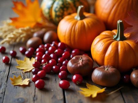 AI generated there are many different types of pumpkins and other fall decorations. The image features pumpkin, thanksgiving turkey, holiday season. Additional elements include harvest.の素材