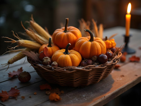 AI generated there are many small pumpkins in a basket on a table. The image features pumpkin, harvest.の素材