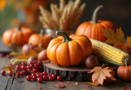 AI generated there are many small pumpkins and corn on a wooden table. The image features pumpkin, organic vegetables, harvest.の素材