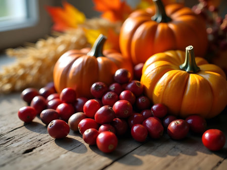 AI generated there are many small pumpkins and other fruits on a table. The image features pumpkin, dessert table, office desk. Additional elements include harvest, organic vegetables.の素材
