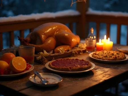 AI generated there are many plates of food on a table with a turkey. The image features thanksgiving turkey, restaurant food, delicious meal. Additional elements include family dinner, dessert table.の素材