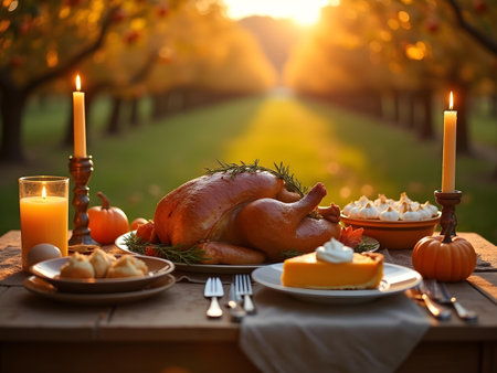 AI generated aerial turkey on a table with candles and other food. The image features dessert table, delicious meal, thanksgiving turkey. Additional elements include restaurant food, family dinner.の素材