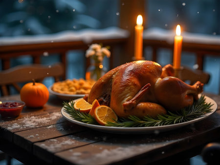 AI generated aerial cooked turkey on a plate with oranges and candles. The image features thanksgiving turkey, pumpkin, birthday cake. Additional elements include delicious meal,.の素材