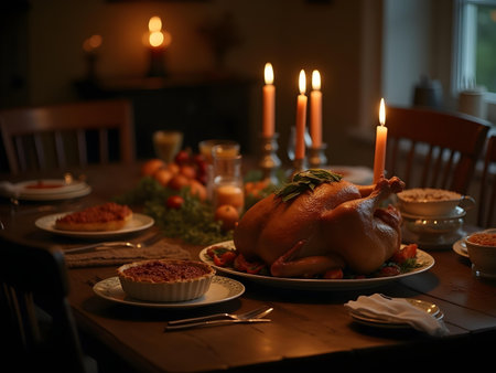 AI generated aerial cooked turkey on a plate with candles on a table. The image features thanksgiving turkey, birthday cake, delicious meal. Additional elements include dessert table, family dinner.の素材