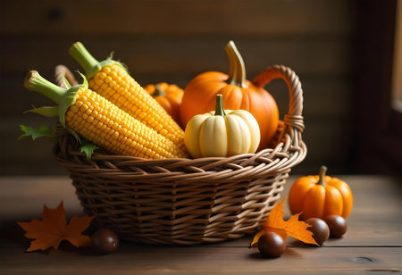 AI generated there is a basket of corn and pumpkins on a table. The image features pumpkin, dessert table, harvest, Additional elements include organic vegetables, thanksgiving turkey.の素材