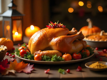 AI generated a turkey on a plate with a candle in the background. The image features thanksgiving turkey, birthday cake, dessert table. Additional elements include delicious meal, light bulb.の素材