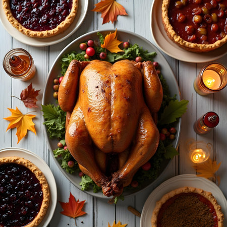 AI generated a table with a turkey and other thanksgiving foods. The image features thanksgiving turkey, dessert table, family dinner. Additional elements include restaurant food, delicious meal.の素材