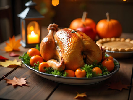 AI generated a turkey on a plate with oranges and apples. The image features thanksgiving turkey, pumpkin, delicious meal. Additional elements include restaurant food, dessert table.の素材