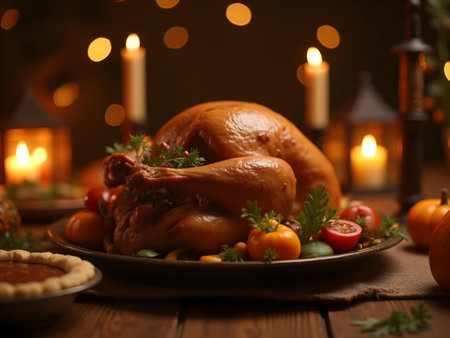 AI generated a turkey on a plate with a candle in the background. The image features thanksgiving turkey, birthday cake, dessert table. Additional elements include delicious meal, light bulb.の素材
