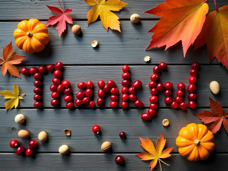 AI generated a wooden table with autumn leaves and berries. The image features wood background, dessert table, leaves, Additional elements include pumpkin.の素材