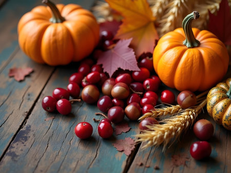 AI generated there are many different types of pumpkins and other fall decorations. The image features pumpkin, thanksgiving turkey, holiday season. Additional elements include harvest.の素材