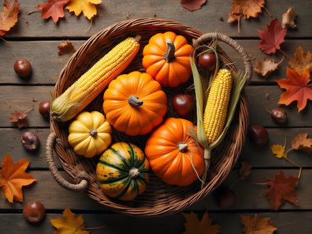 AI generated there are many different types of pumpkins in a basket. The image features pumpkin, organic vegetables. Additional elements include harvest, thanksgiving turkey.の素材