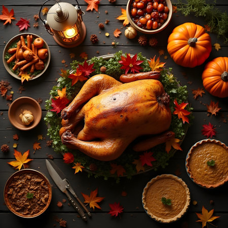 AI generated a turkey sitting on a table with other thanksgiving foods. The image features thanksgiving turkey, dessert table, family dinner. Additional elements include delicious meal, restaurant.の素材