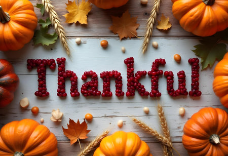 AI generated a white wooden table with a bunch of orange pumpkins and a word that says thankful. The image features pumpkin, thanksgiving turkey, office desk, Additional elements include.の素材