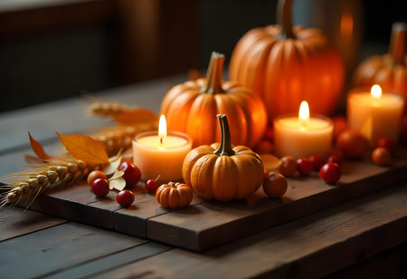 AI generated a wooden table topped with candles and pumpkins. The image features pumpkin, dessert table, office desk. Additional elements include wood background.の素材