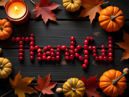 AI generated a table with a candle, some autumn leaves and a candle. The image features pumpkin, office desk, dessert table. Additional elements include food.の素材