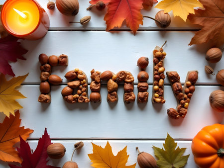 AI generated a white wooden table with autumn leaves. The image features wood background, office desk, dessert table. Additional elements include leaves, white space.の素材