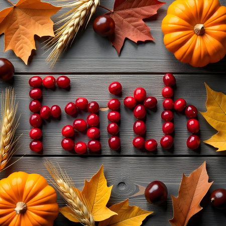 AI generated a wooden table with autumn leaves and berries. The image features wood background, dessert table, leaves, Additional elements include pumpkin.の素材