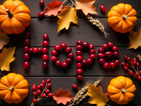 AI generated a wreath made out of autumn leaves and berries. The image features pumpkin, thanksgiving turkey, leaves.の素材