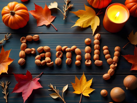 AI generated a table with a candle, nuts and leaves. The image features dessert table, office desk, food. Additional elements include light bulb, candy treats.の素材