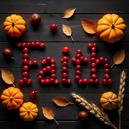 AI generated a bunch of red berries and orange pumpkins. The image features pumpkin, vibrant colors, color palette. Additional elements include candy treats.の素材