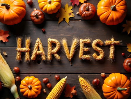 AI generated a wooden table with a sign that says harvest. The image features harvest, wood background, office desk. Additional elements include dessert table, delivery box.の素材