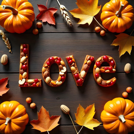 AI generated a wooden table with a number of fall leaves and pumpkins. The image features pumpkin, wood background, office desk. Additional elements include dessert table, thanksgiving.の素材