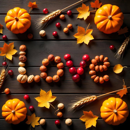 AI generated a table with a bunch of autumn leaves and nuts. The image features dessert table, office desk, leaves. Additional elements include pumpkin, thanksgiving.の素材