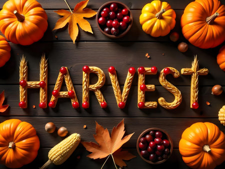 AI generated with a number of pumpkins and a word that says harvest. The image features pumpkin, dessert table, harvest.の素材