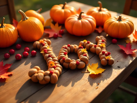 AI generated a wooden table topped with pumpkins and leaves. The image features pumpkin, wood background, dessert table. Additional elements include leaves, office desk.の素材